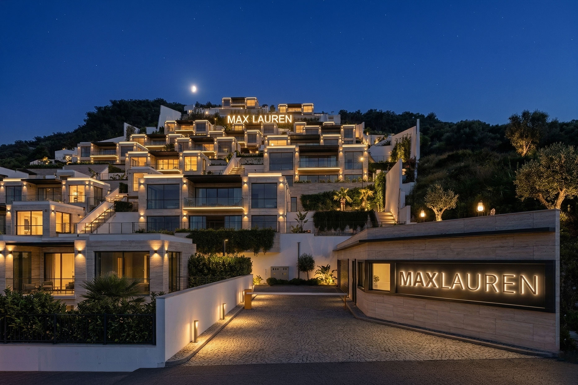 Max Lauren Yalıkavak is gracefully positioned on a lush hillside in Yalıkavak — one of Bodrum’s most prestigious locations — offering uninterrupted panoramic views of the deep blue Aegean Sea.